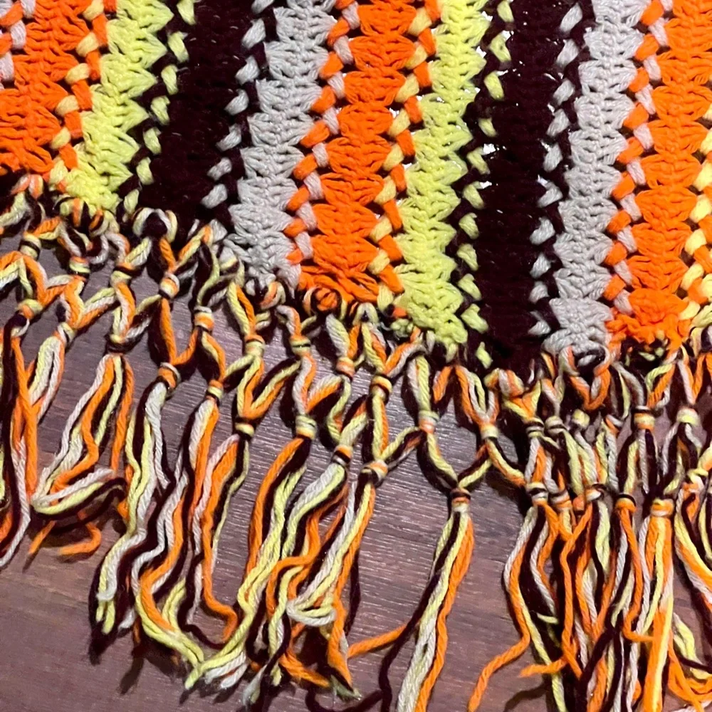 Vintage BOHO Crochet Knitted Afghan Blanket Brown Orange Yellow Retro￼ F…